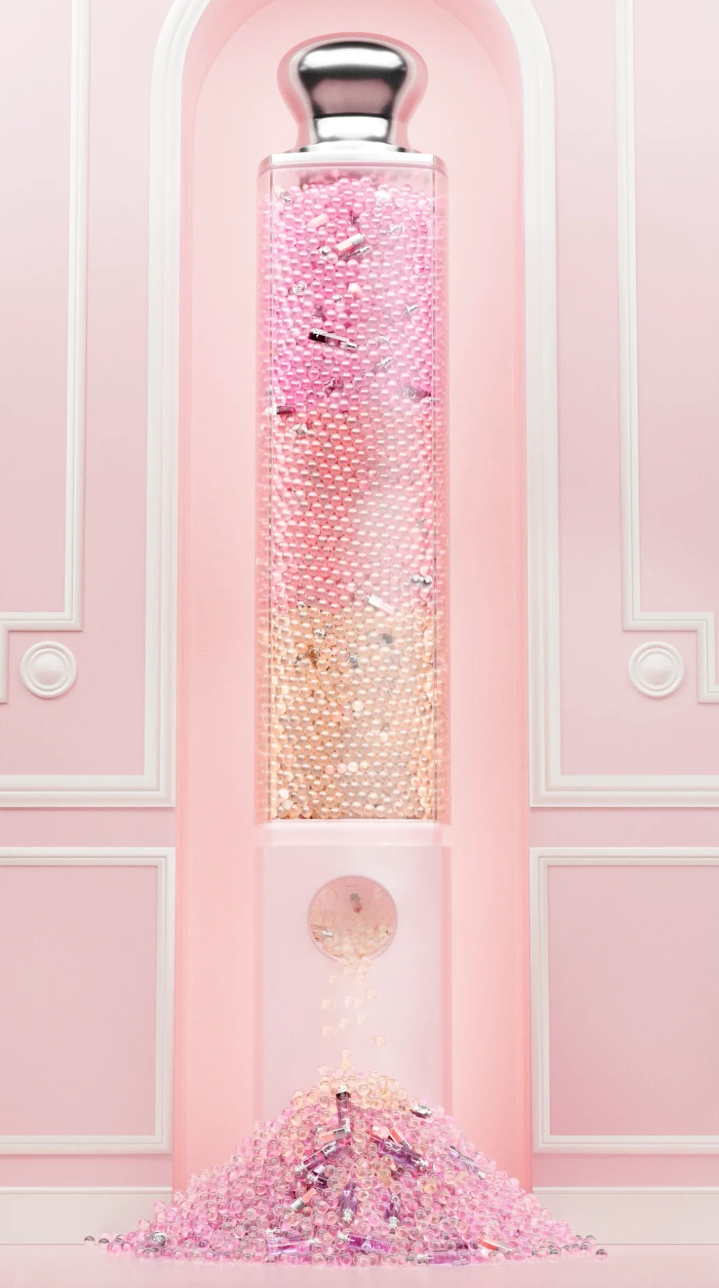 Dior Addict bottle-shaped display filled with pink and gold beads pouring into a glowing pink arched niche — 3d product animation Detroit, photography & art direction by Detroit AI Production House