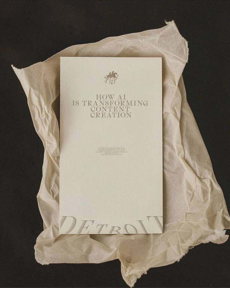 Cream report card titled "How AI Is Transforming Content Creation" resting on crumpled kraft paper against a black background — ai advertising agency Detroit, cover visual for Detroit's "How AI Is Transforming Content Creation" report