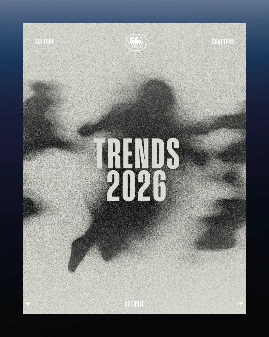 Grainy monochrome poster showing blurred running silhouettes with "Trends 2026" text at center — virtual production studio Detroit, from Detroit's "9 Trends 2026" report