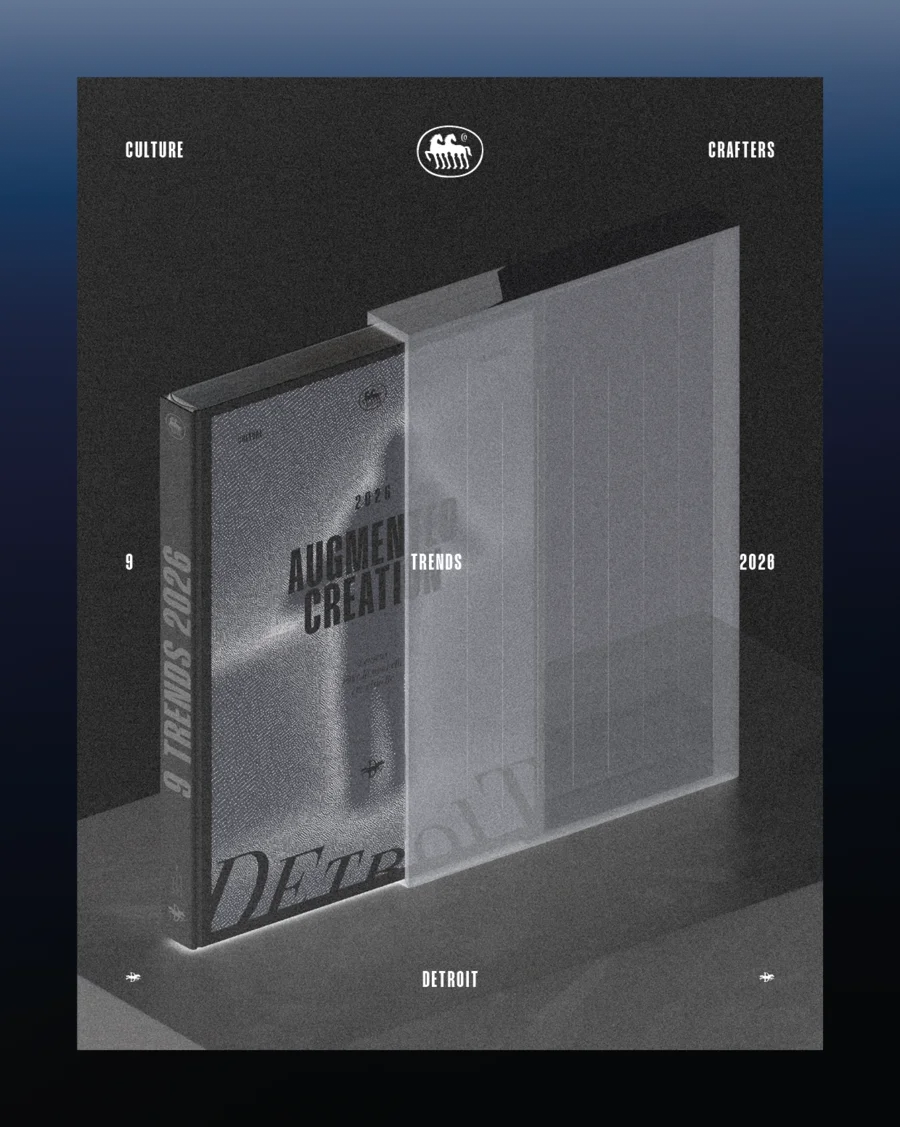 Isometric rendering of a "9 Trends 2026" book standing beside its ghostly transparent double on a dark studio backdrop — cgi studio Detroit, from Detroit's "9 Trends 2026" report