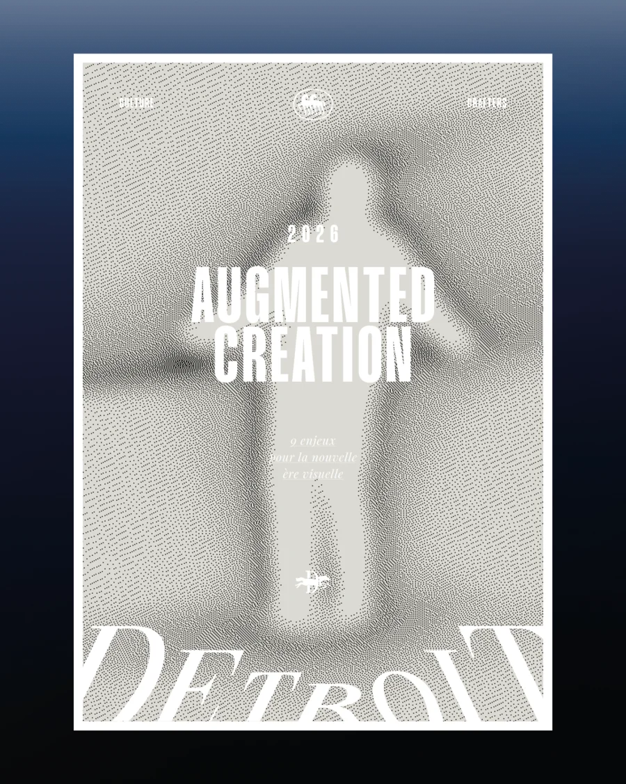 Dotted halftone silhouette of a standing figure behind "2026 Augmented Creation" text on a textured poster — cgi advertising Detroit, cover visual for Detroit's 2026 industry trends report