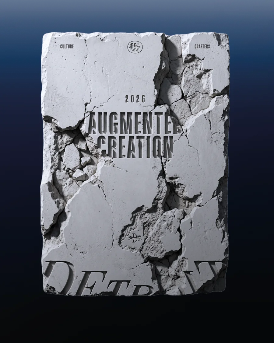 Cracked stone tablet engraved with "2026 Augmented Creation" and the Detroit logo, "Culture Crafters" lettering above — 3d product animation Detroit, cover visual for Detroit's 2026 industry trends report
