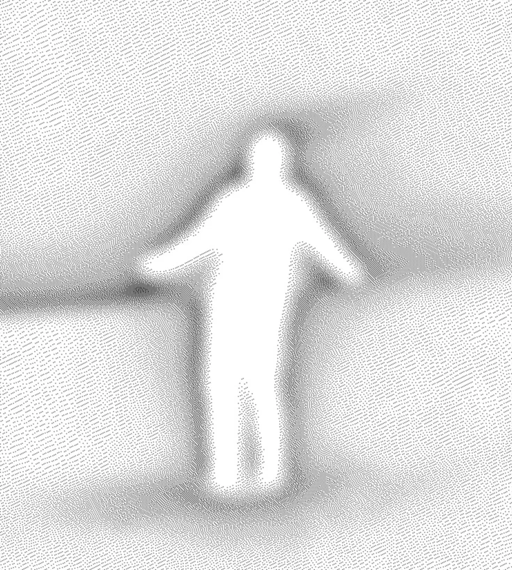 Grainy dithered silhouette of a standing figure with arms slightly raised, abstract halftone texture — 3d product animation Detroit, visual filler for Detroit's Insights section