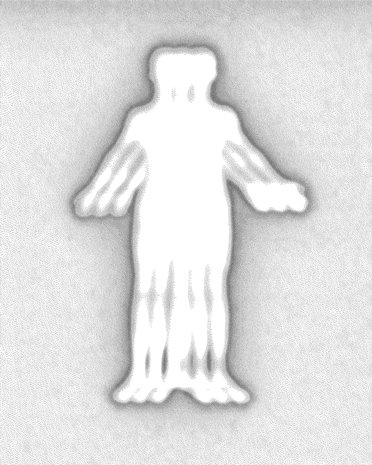 Grainy dithered silhouette of a standing figure with arms outstretched, textured halftone background — cgi advertising Detroit, visual filler for Detroit's Insights section