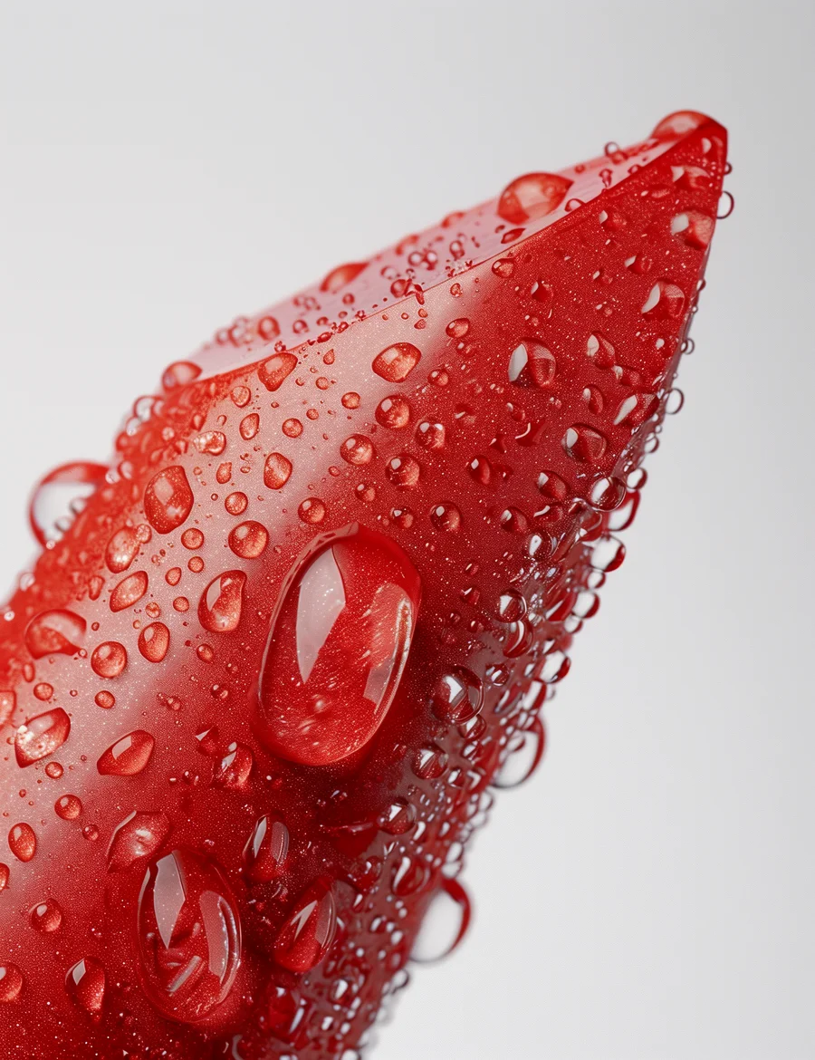 Glossy red lipstick tip covered in water droplets, one large bead pooling in a textured crevice — ai video production Detroit, photography & art direction by Pierrick Jégou