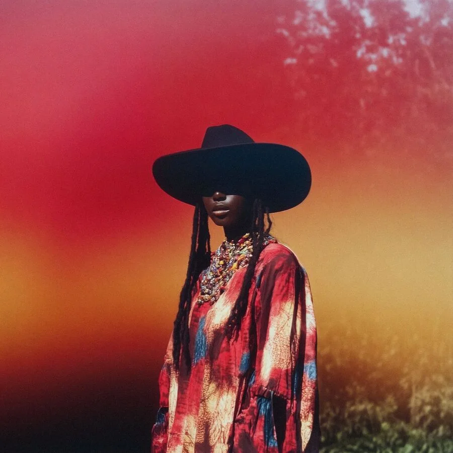 Woman in wide-brim hat with braided hair against a red sunset gradient — ai advertising agency Detroit, image generation & art direction by Charlie Faye Mather