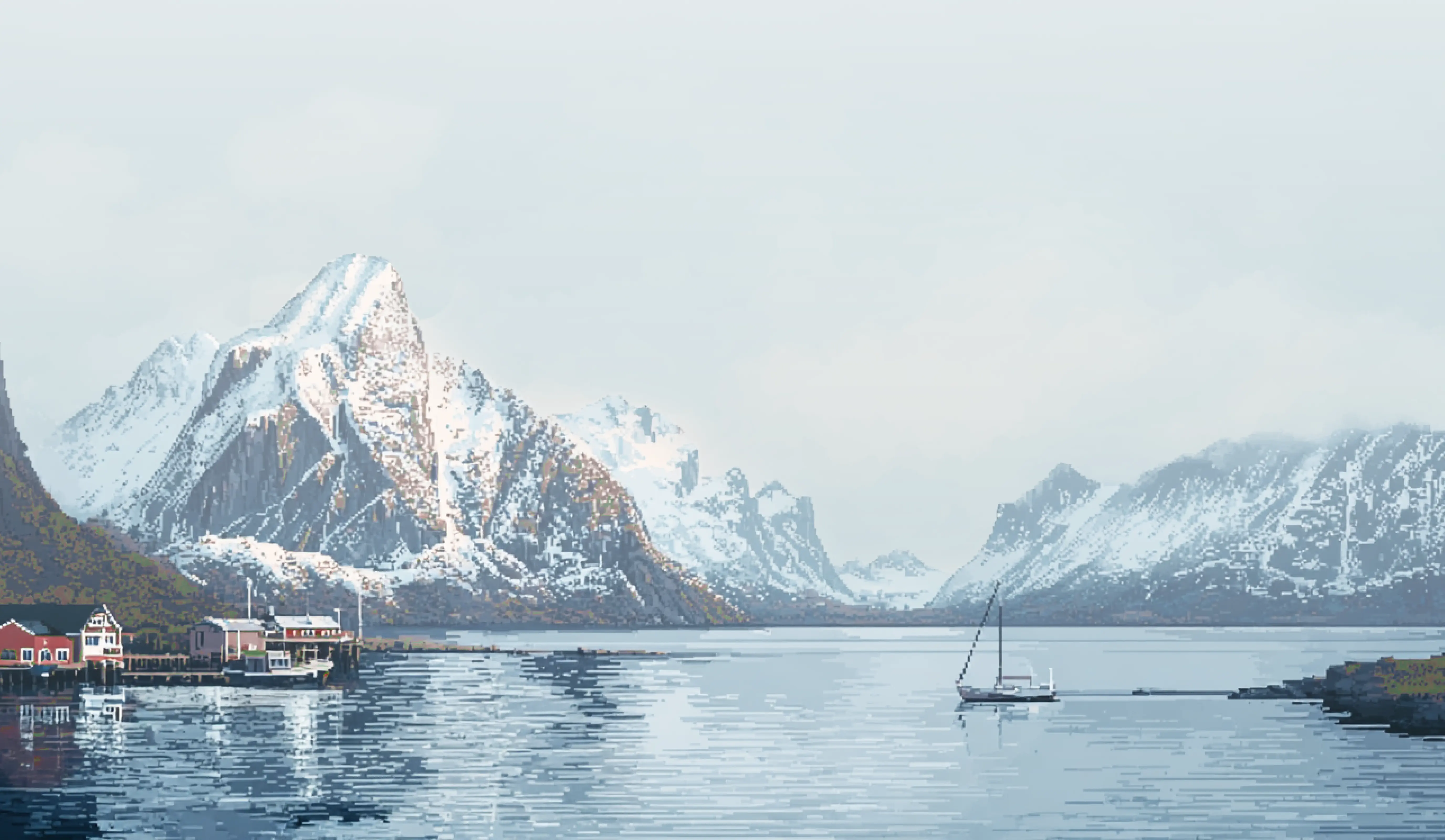 Calm fjord surrounded by snow-capped mountains with a small dock and red houses on the left and a sailboat on the water.
