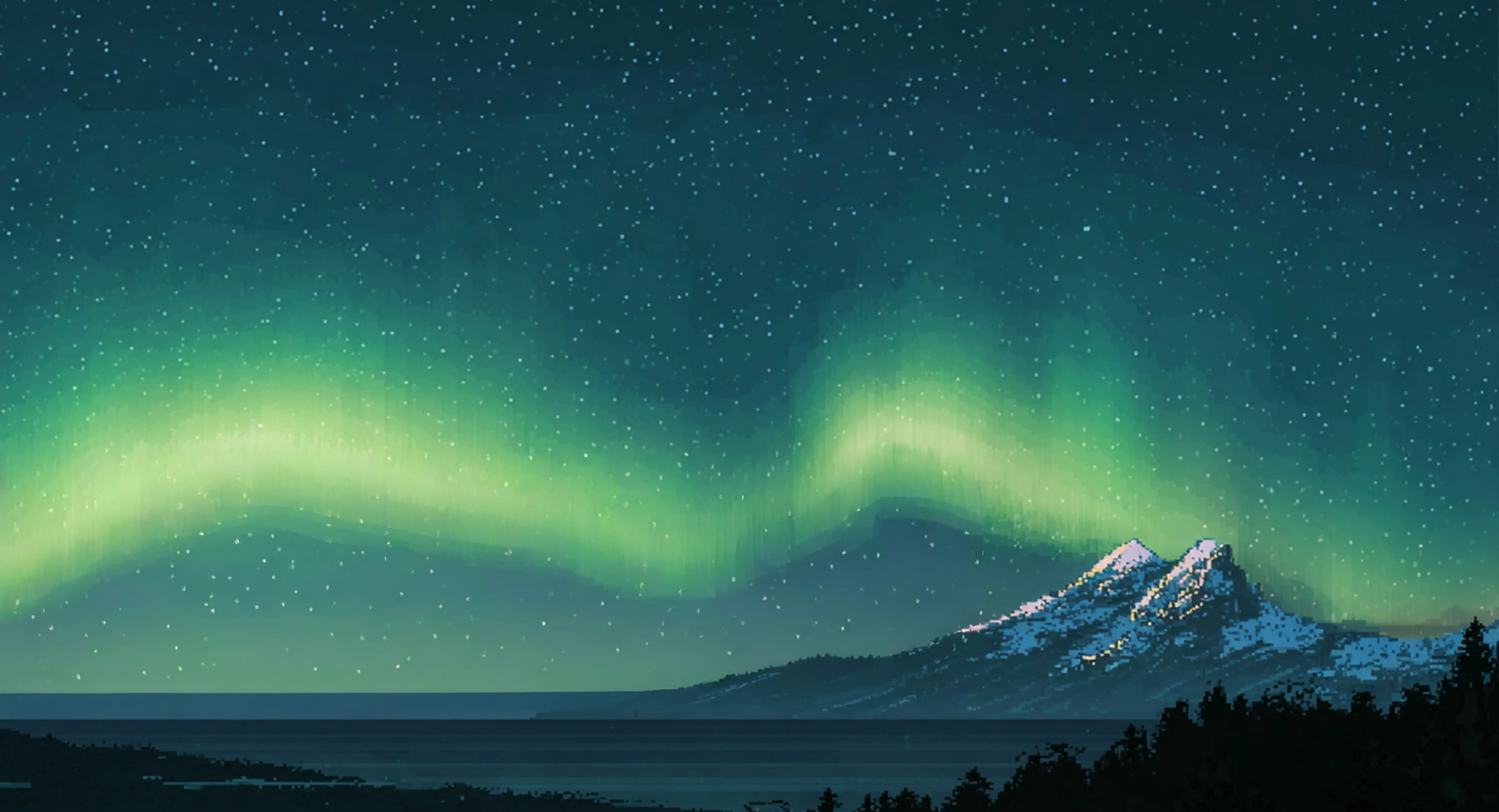 Pixel art of a starry night sky with green northern lights above snow-capped mountains by a dark forest and calm water.