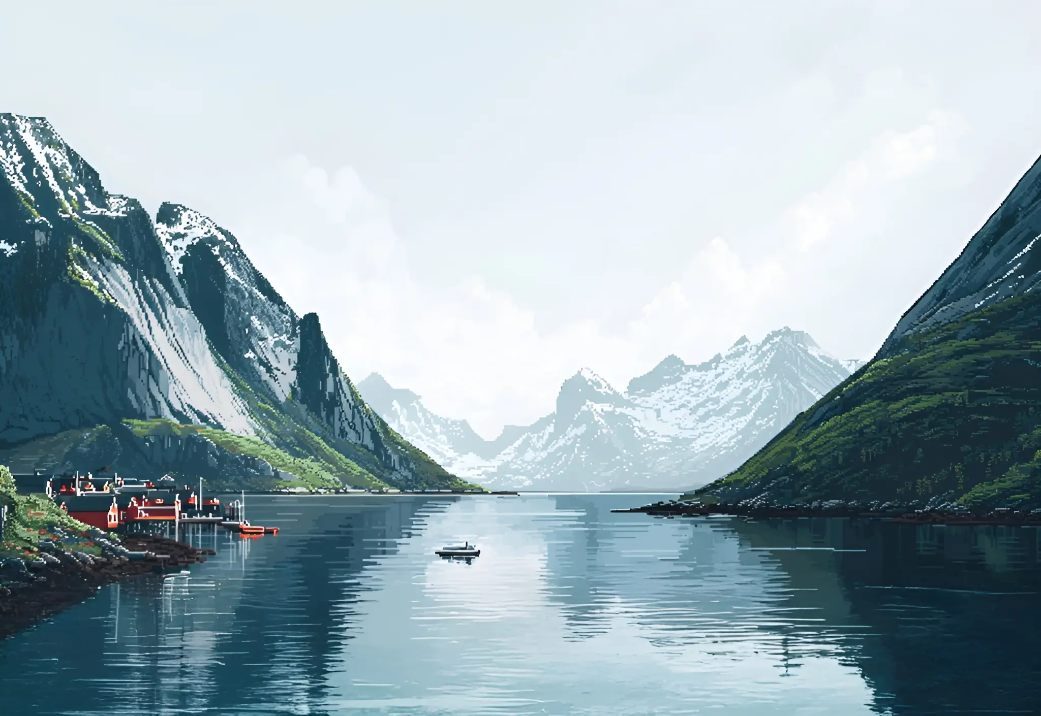 Calm fjord with a small boat, flanked by towering snow-capped mountains and a village with red houses on the left shore.