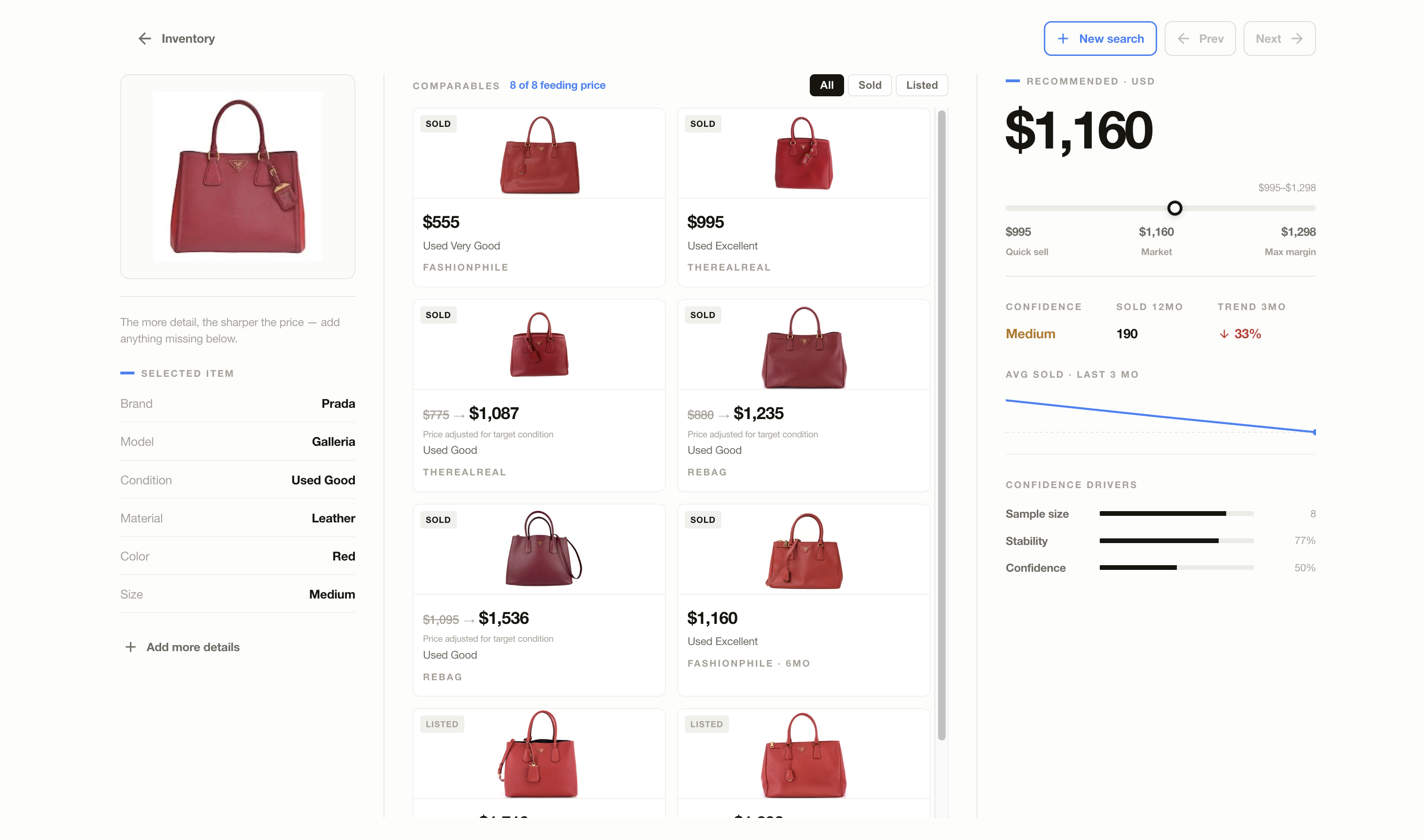 TRUSS automated pricing tool displaying a goyard saint-louis bag.