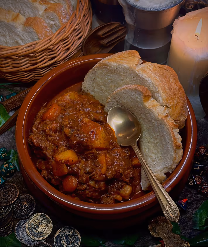 Bowl of hearty stew with chunks of meat and vegetables, served with two slices of crusty bread and a spoon.
