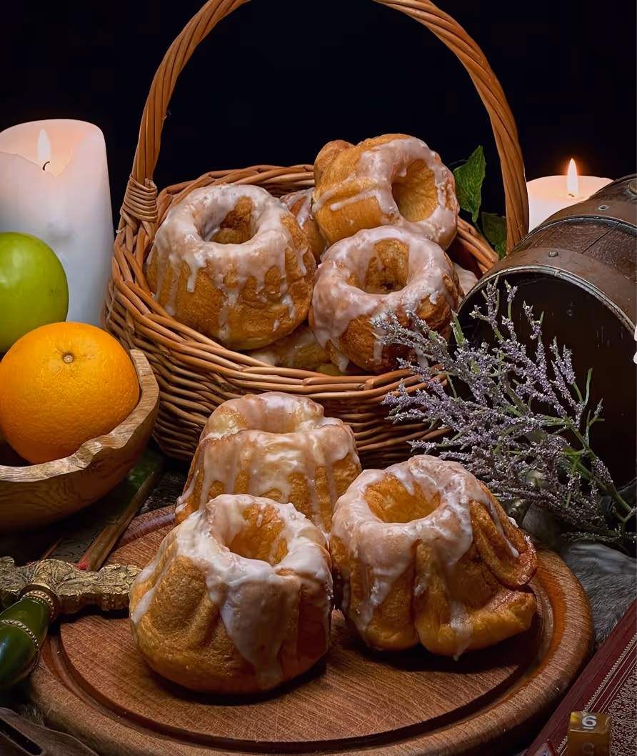 Iced mini bundt cakes arranged on a wooden platter and in a wicker basket, surrounded by a green apple, an orange, candles, a bunch of lavender, and a rustic wooden container.