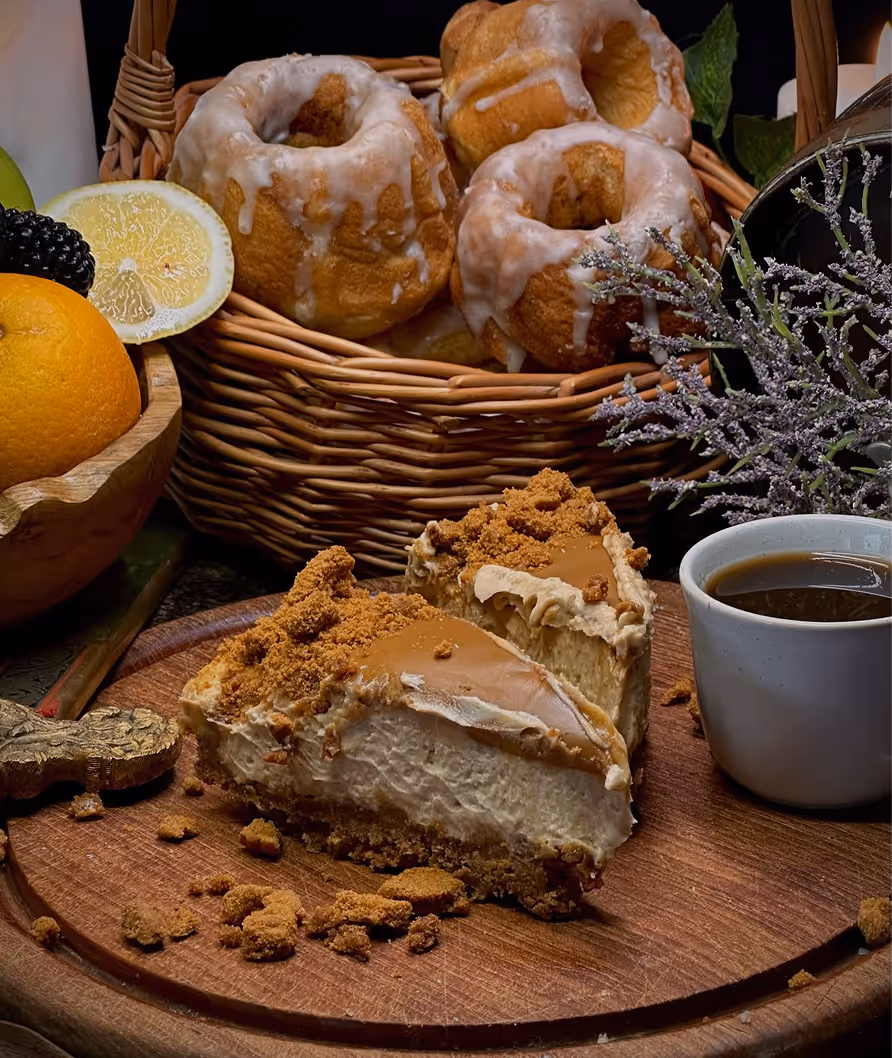 Two slices of creamy caramel cheesecake with crumb topping on a wooden board beside a cup of black coffee and a basket of glazed bundt cakes with fresh fruit.