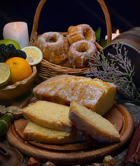 Sliced lemon loaf cake glazed on a wooden plate with lemon, orange, blackberries, a lit candle, and a basket of pastries in the background.