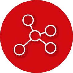 Weißes Molekül-ähnliches Verbindungssymbol auf einem roten Kreis-Hintergrund.