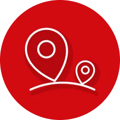 Zwei weiße Standortmarkierungen auf rotem Hintergrund, eine größere und eine kleinere, verbunden durch eine geschwungene Linie.