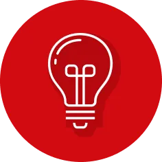 Weißes Symbol einer Glühbirne in einem roten Kreis.