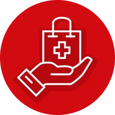 Weiße Hand hält eine Tasche mit rotem Kreuz auf rotem Kreis-Hintergrund.