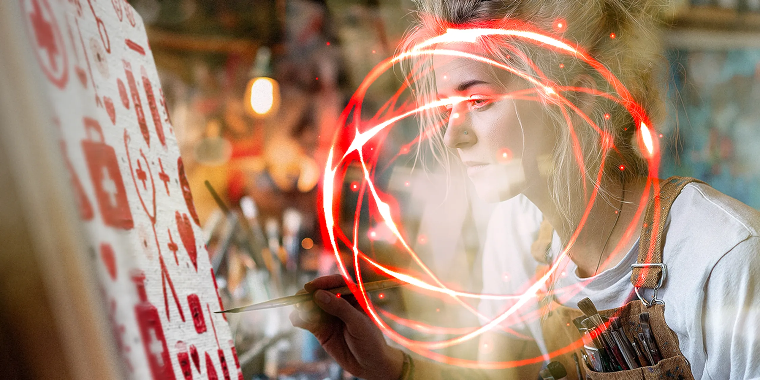 Frau in Arbeitskleidung malt Symbole mit roter Farbe auf eine Leinwand, umgeben von leuchtenden roten Spiraleffekten.