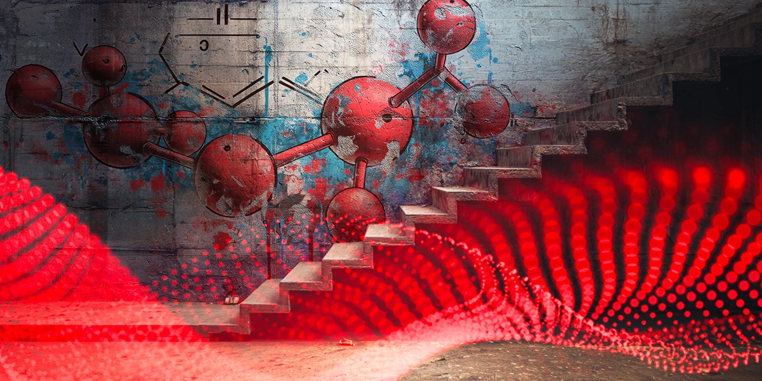 Betonwand mit einer roten Molekülstruktur-Graffiti neben einer Treppe und roten Lichtpunkten im Vordergrund.