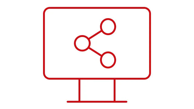 Roter Umriss eines Computerbildschirms mit einem Verbindungssymbol aus drei verbundenen Kreisen in der Bildschirmmitte.