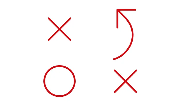 Rote Spielsymbole bestehend aus zwei Kreuzen, einem Kreis und einem Pfeil, der von unten nach oben links zeigt.