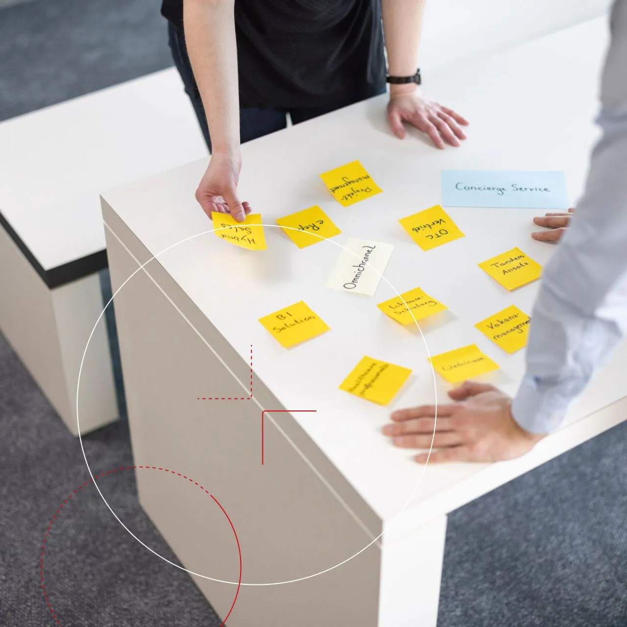 Zwei Personen diskutieren und ordnen gelbe und blaue Haftnotizen mit verschiedenen Stichpunkten auf einem weißen Tisch.