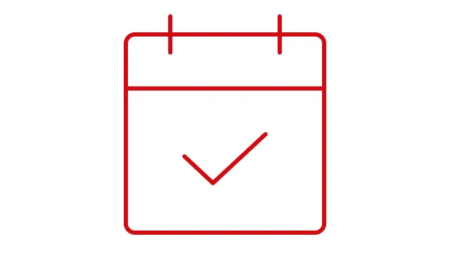 Rotes Kalender-Icon mit einem Häkchen in der Mitte.