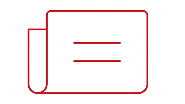 Rotes Symbol einer zusammengerollten Zeitung mit zwei horizontalen Linien auf weißem Hintergrund.