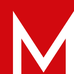 Grober schwarzer Buchstabe M auf rotem Hintergrund.