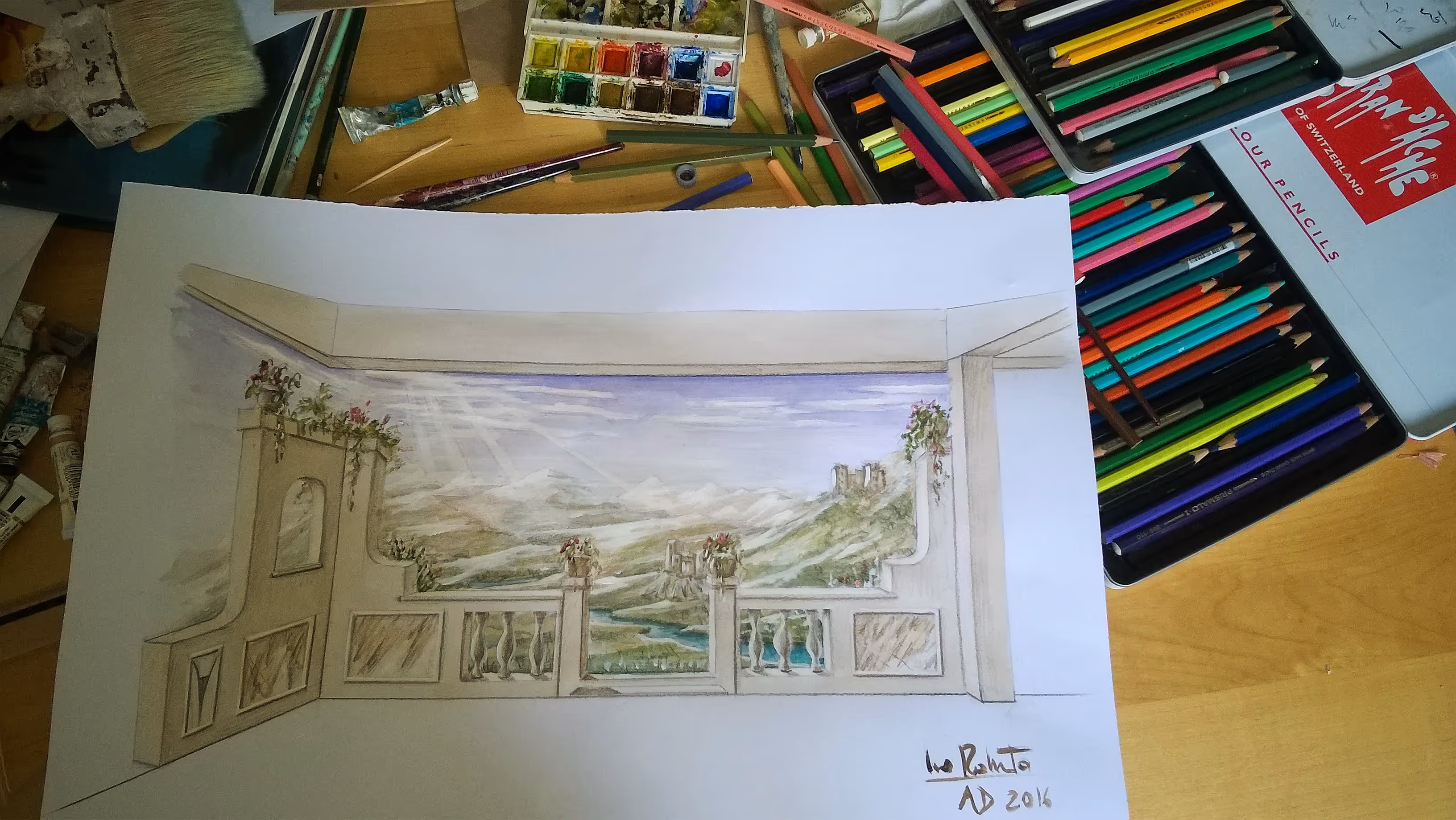 Vista del cortile interno del Palazzo Scalabrini durante i lavori di ristrutturazione per la creazione dell'Hotel La Tureta.
