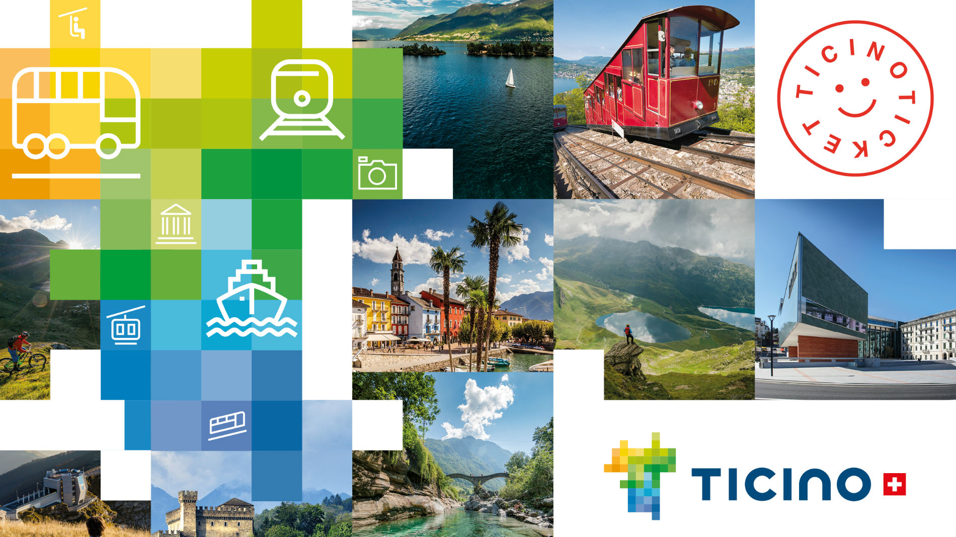 Visuel clé du Ticino Ticket montrant le pass de transport gratuit disponible pour les hôtes de La Tureta.