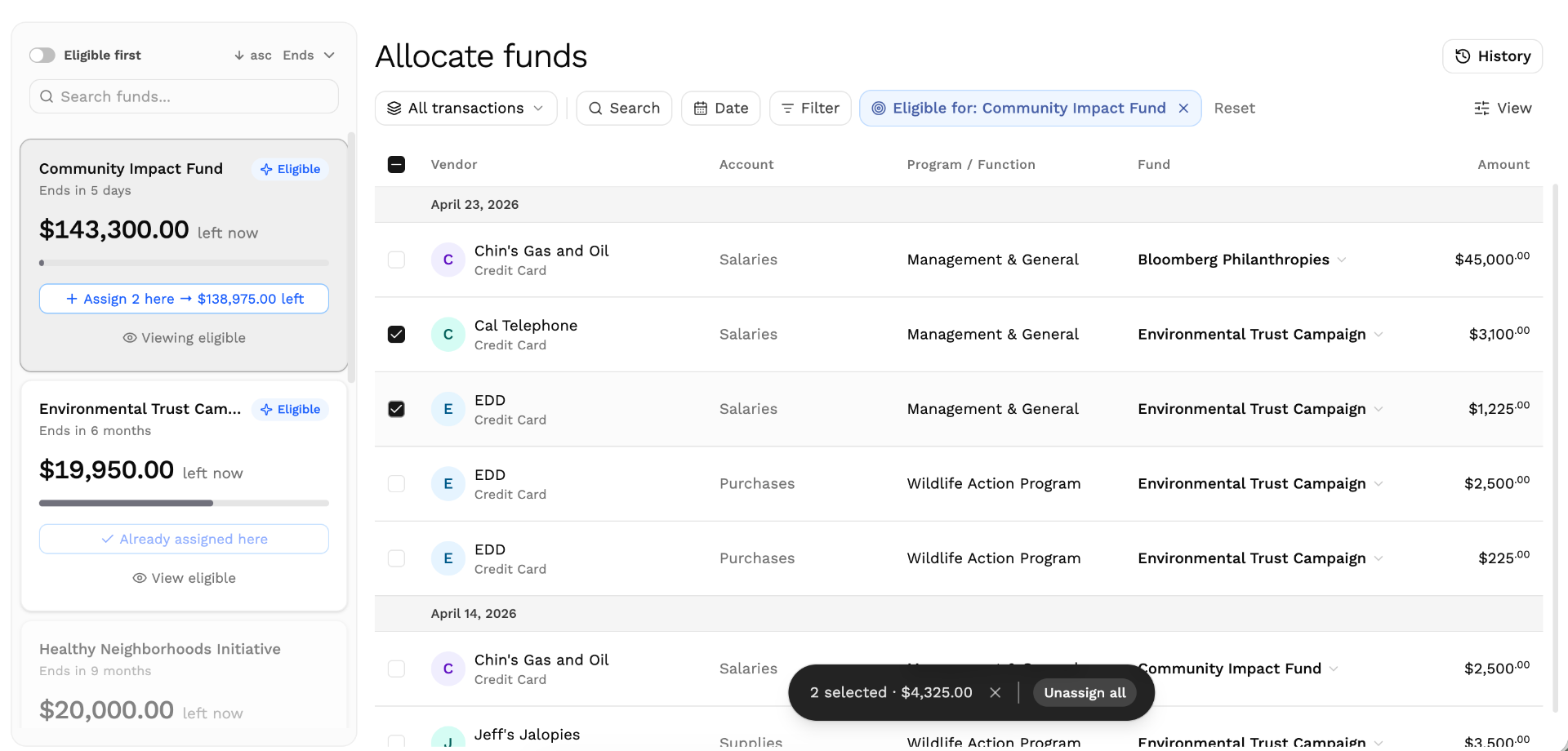 Allocate funds across grants