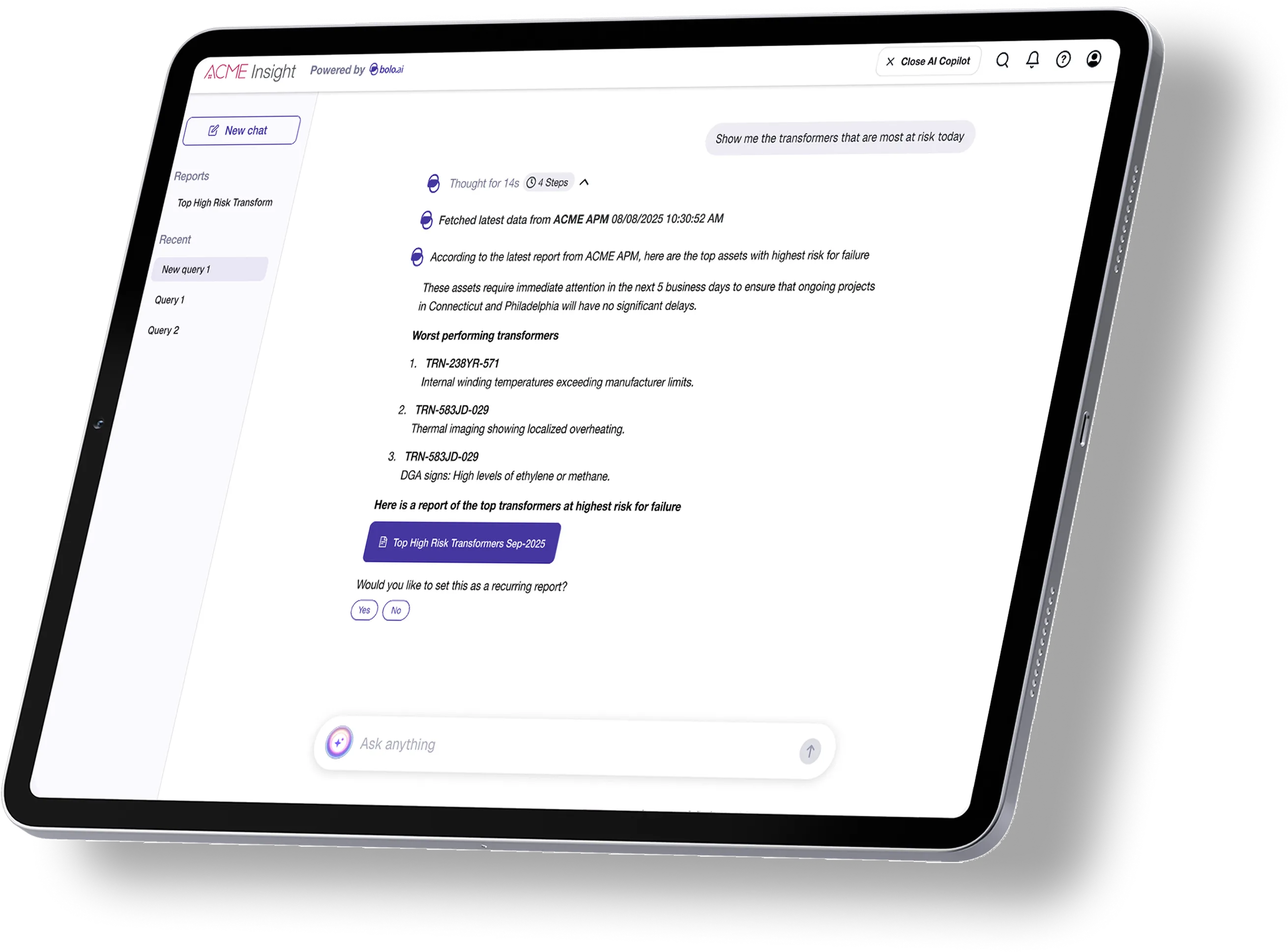 Tablet screen showing ACME Insight AI interface listing top high-risk transformers with specific transformer IDs and related failure risk details.