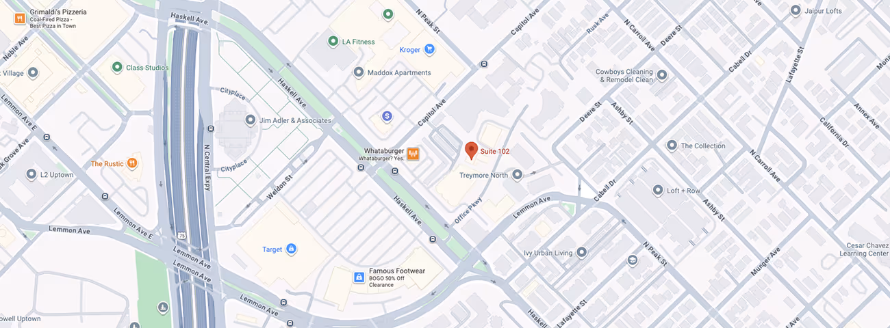 Map showing Suite 102 near Target, Whataburger, and Famous Footwear, located at the intersection of Lemmon Ave and Haskell Ave.