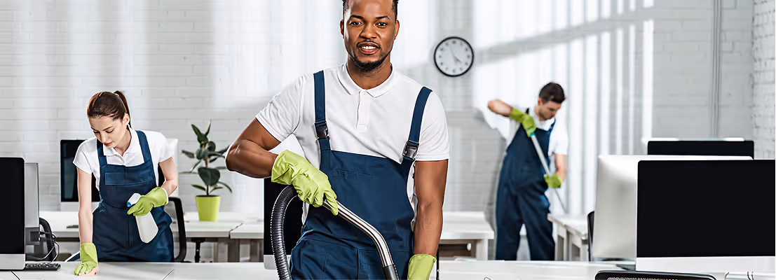 Three professional cleaners in blue overalls and green gloves cleaning a bright office with white desks and computers.