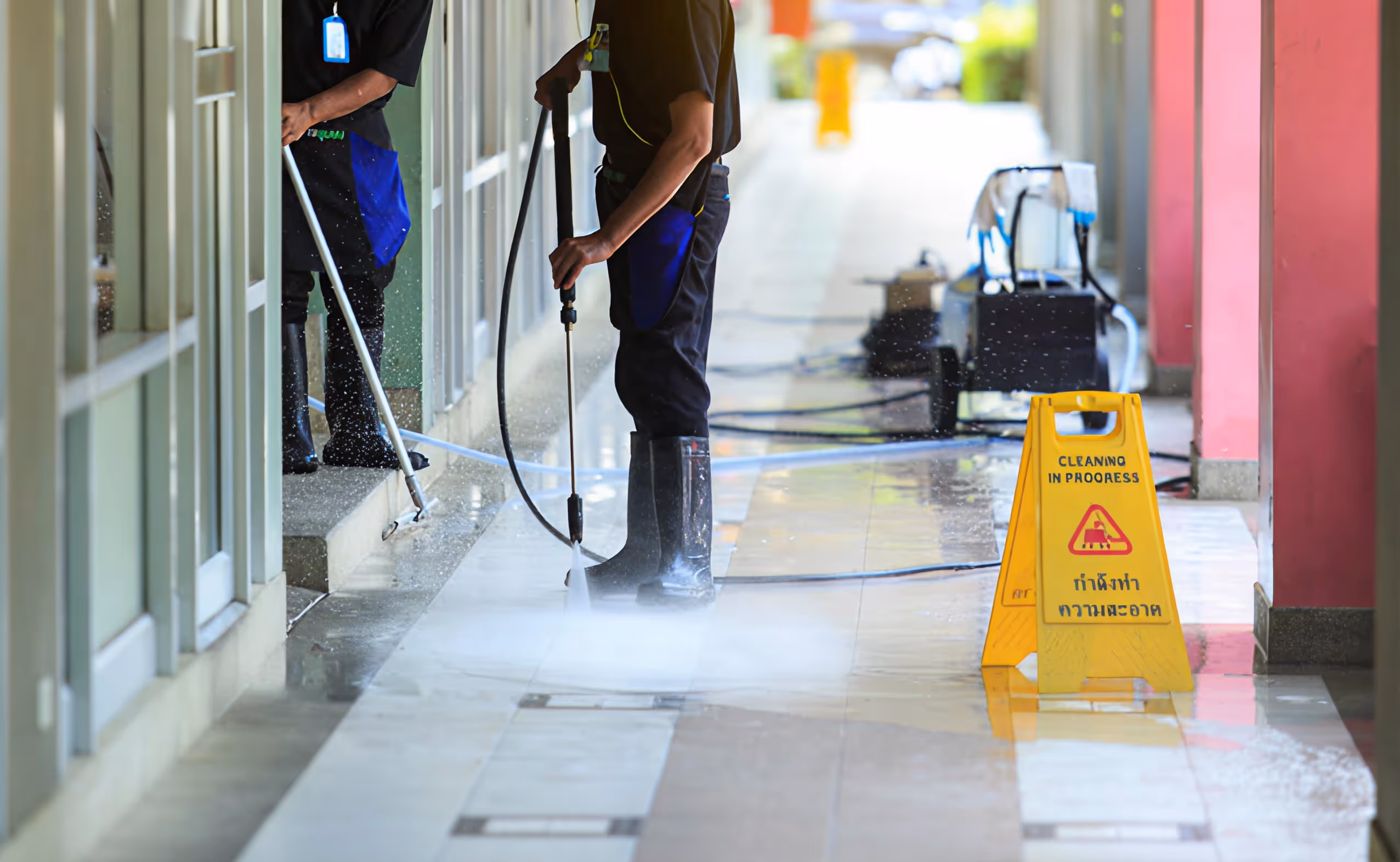 Two workers cleaning a tiled floor and windows with water sprays and a yellow 'Cleaning in Progress' caution sign nearby.
