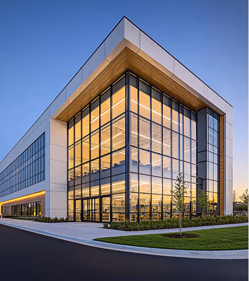 Modern glass-front commercial building illuminated at dusk with clear sky backdrop.