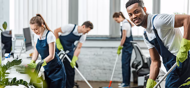 Four professional cleaners in aprons and gloves cleaning an office with mops and cloths.