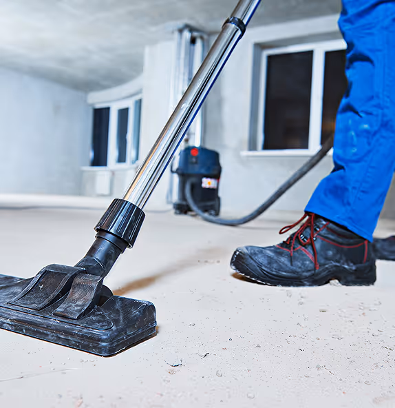 Person in blue pants and black boots vacuuming a dusty floor with a commercial vacuum cleaner.