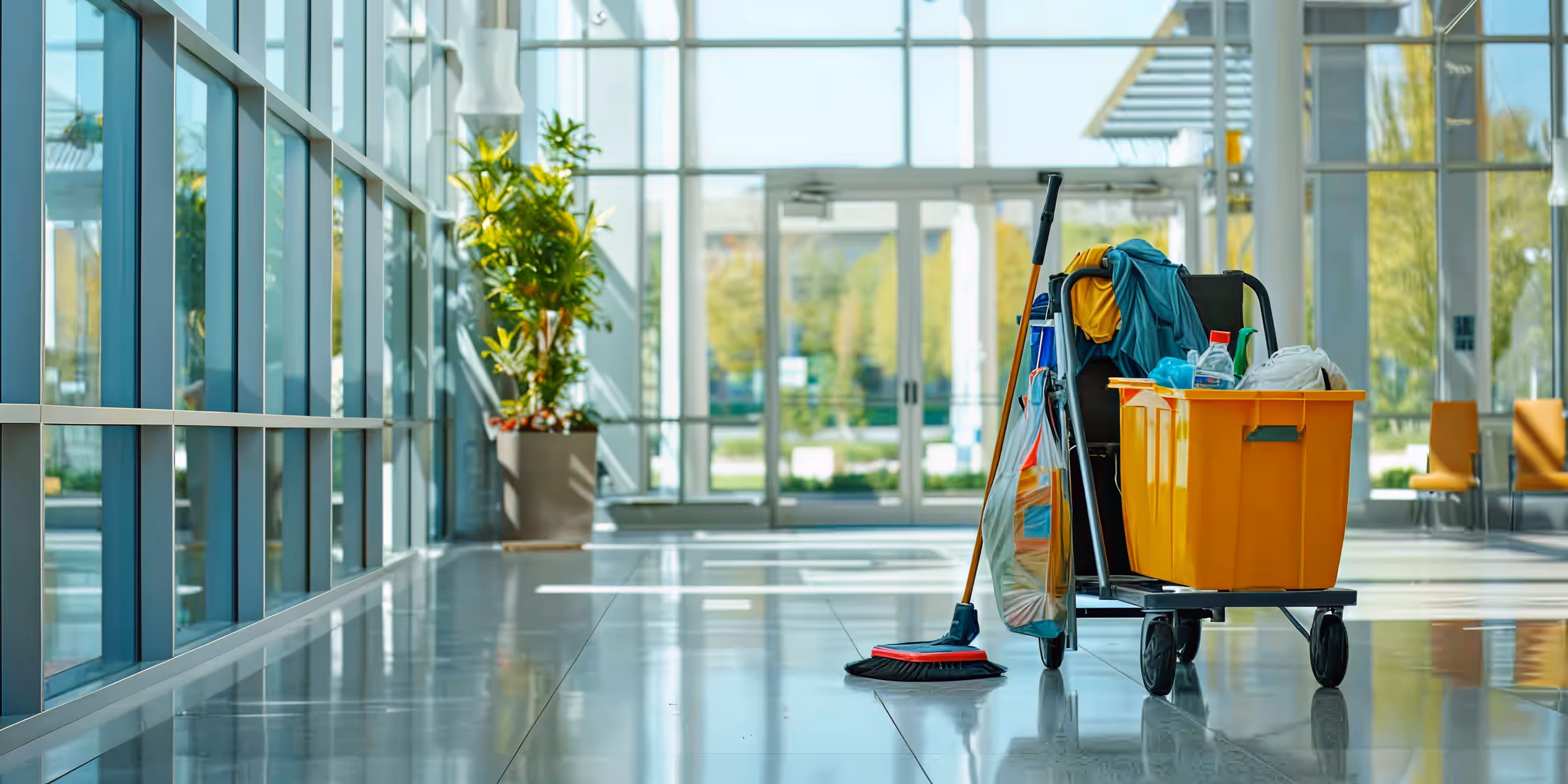 Cleaning cart with supplies and mop in a bright, modern building lobby with large windows and shiny tiled floor.