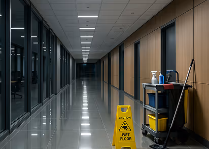 Long empty office corridor with reflective tiled floor, cleaning cart, mop, and yellow wet floor caution sign.