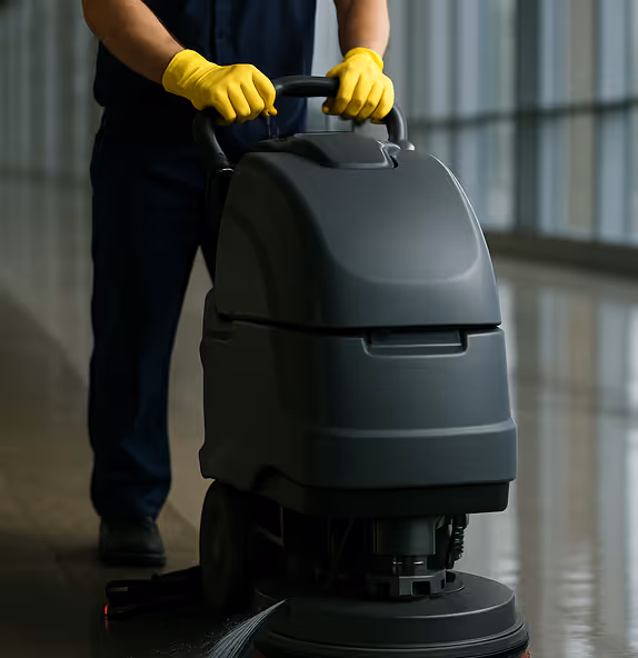 Person wearing yellow gloves operating a black floor cleaning machine on a shiny surface indoors.