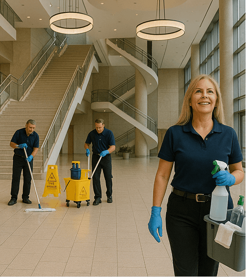 Three janitors wearing navy blue uniforms and blue gloves cleaning a large tiled lobby with mops and cleaning supplies.