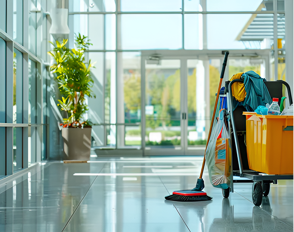 Cleaning cart with supplies and broom in a bright modern building hallway near large windows and a potted plant.