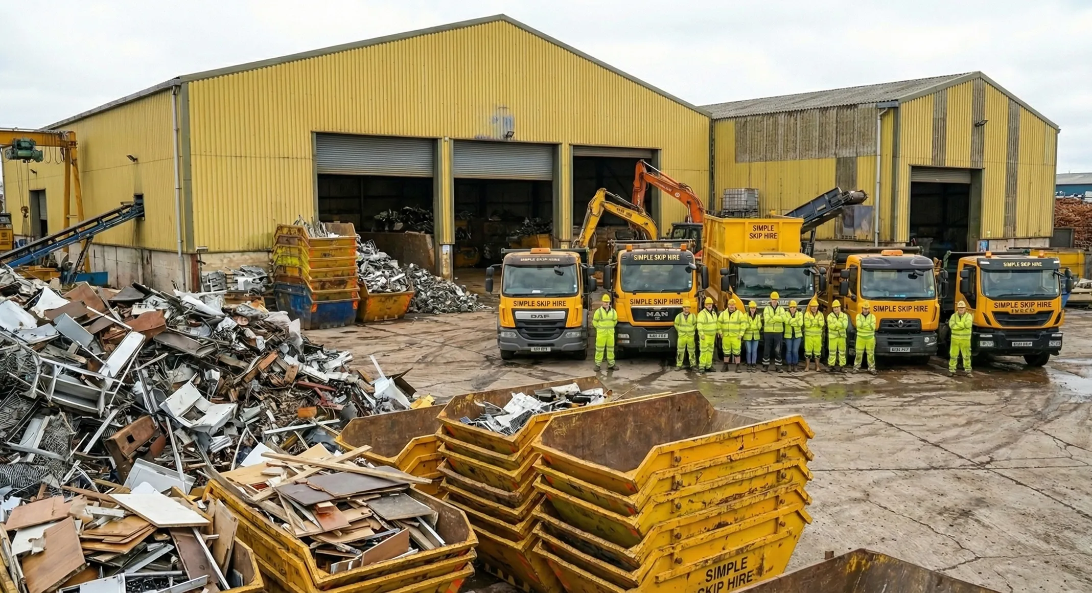 A group of workers in yellow high-visibility clothing standing in front of yellow skip hire trucks and machinery beside a yellow industrial warehouse with large piles of scrap metal and debris.