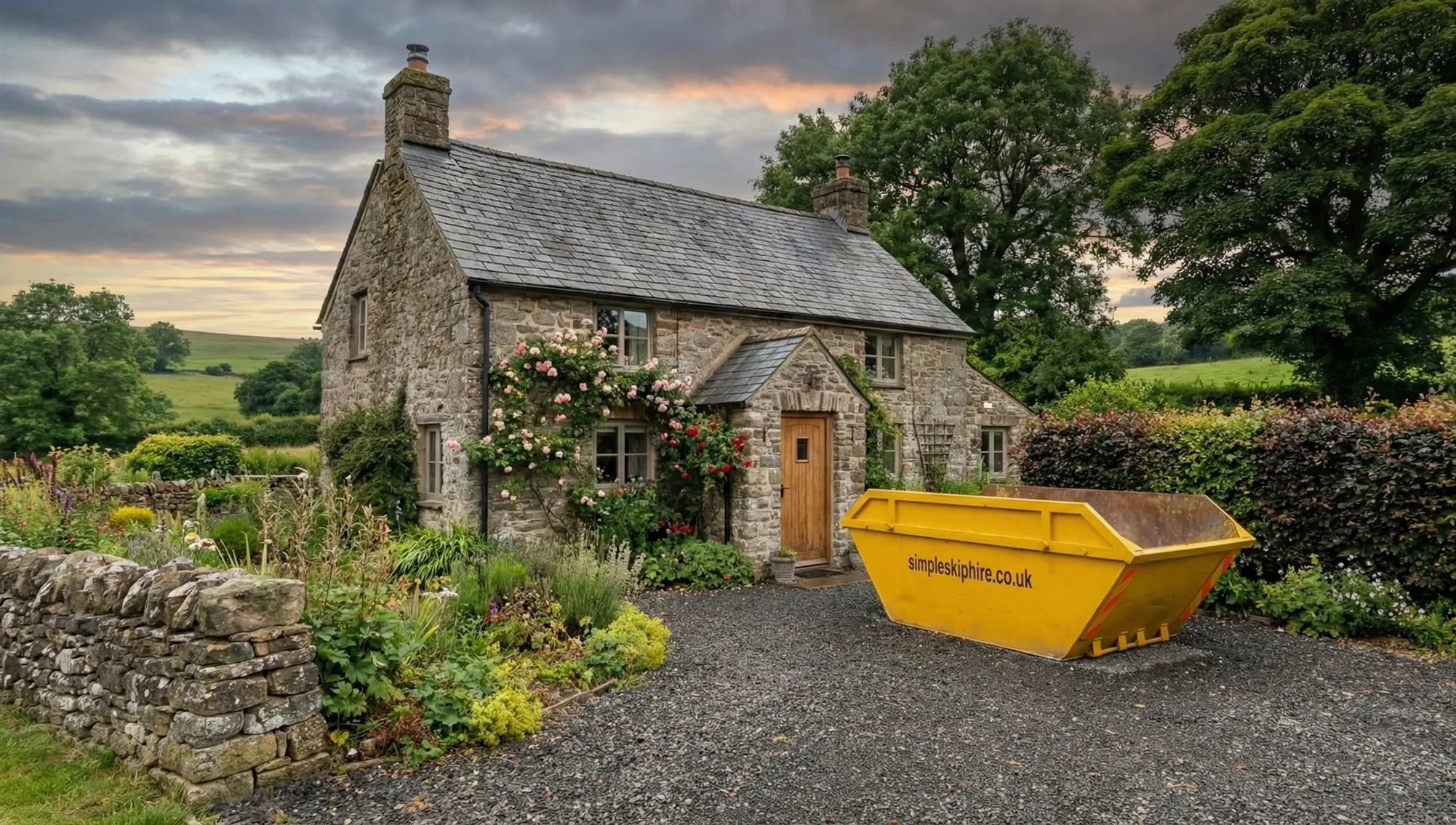 Stone cottage with climbing roses and a yellow skip container on a gravel driveway under a cloudy sky.