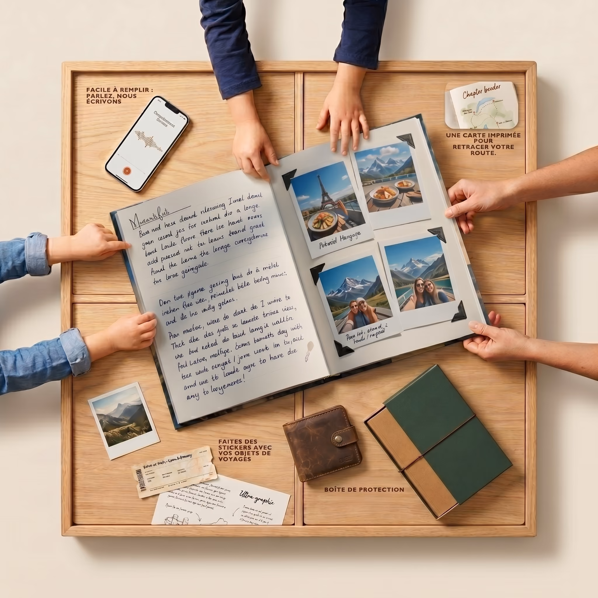 Two people holding an open travel scrapbook with photos, tickets, map, phone recording, and accessories on wood tray.