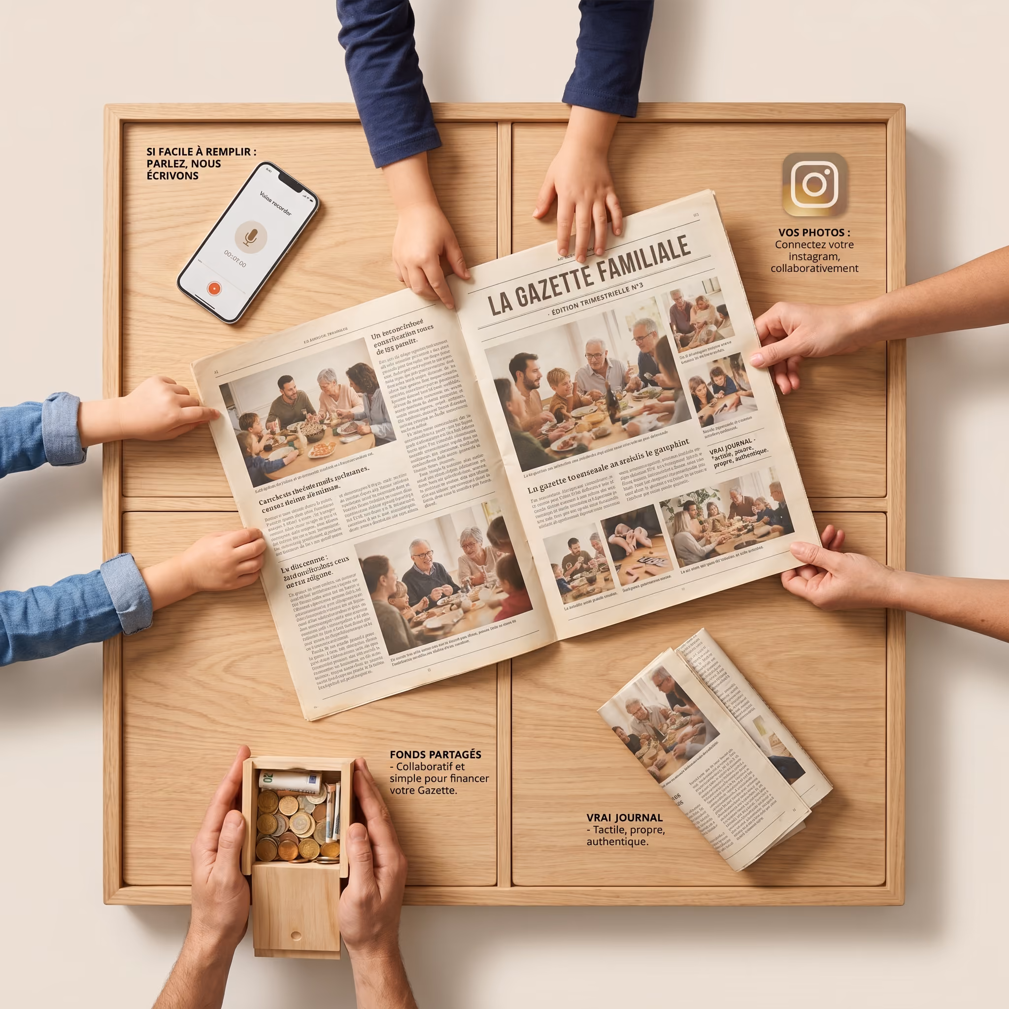 Hands holding a family newspaper titled La Gazette Familiale on a wooden table with phone and coin box.