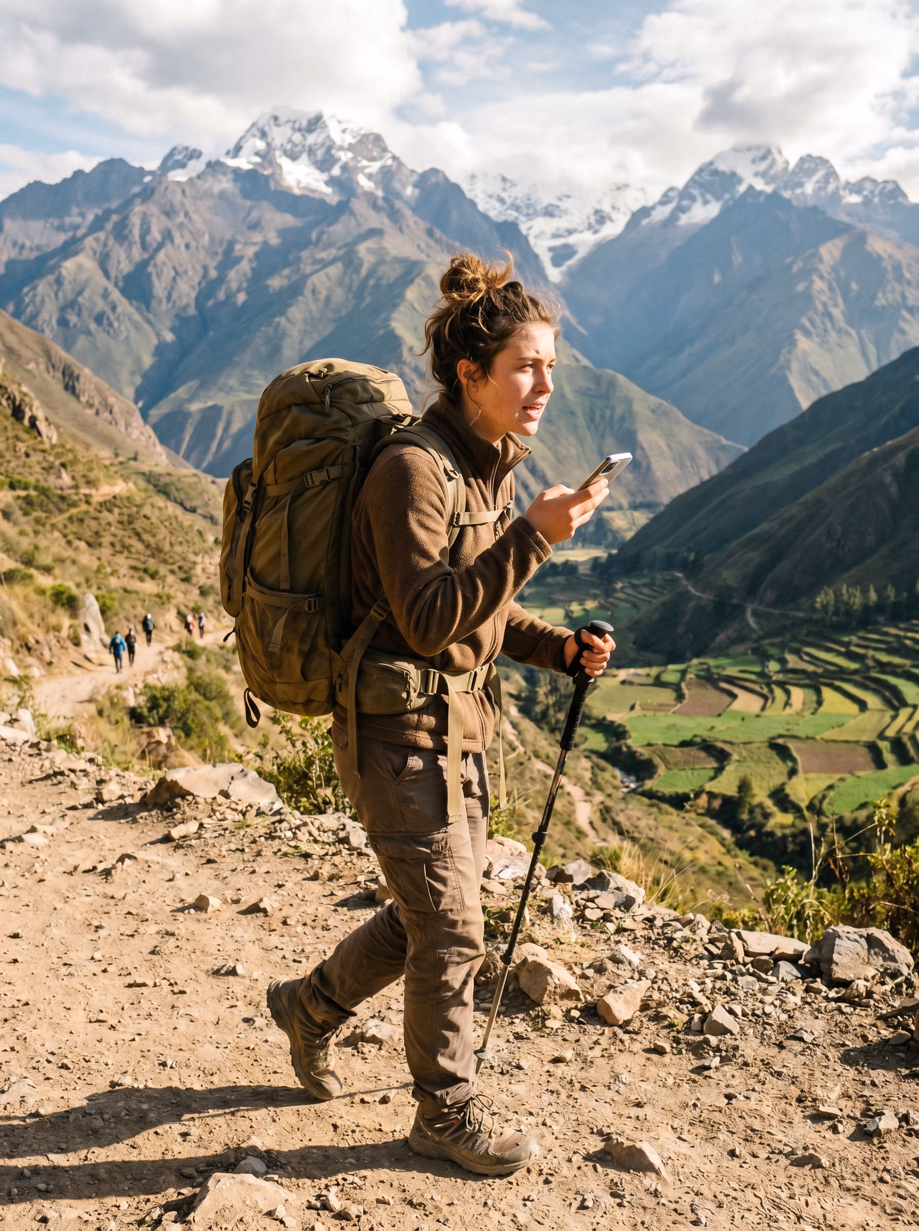 Woman hiker uses phone while walking on mountain trail with snow-capped peaks and terraces in background.